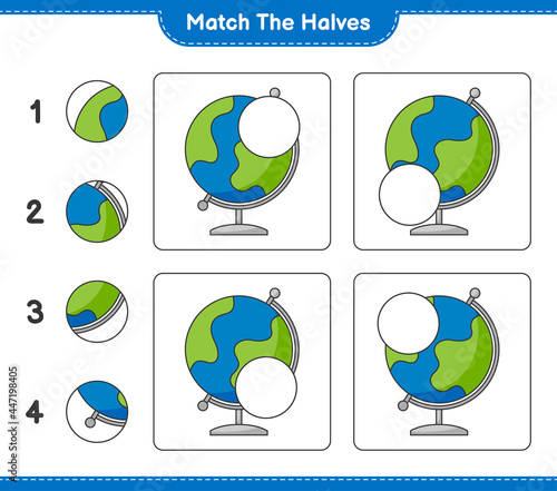 Match the halves. Match halves of Globe. Educational children game, printable worksheet, vector illustration