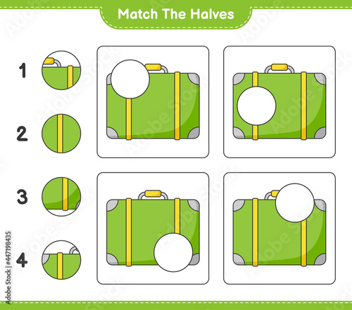 Match the halves. Match halves of Luggage. Educational children game, printable worksheet, vector illustration