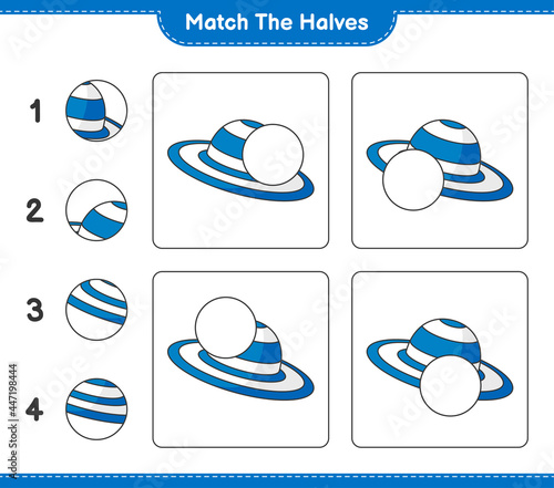 Match the halves. Match halves of Summer Hat. Educational children game, printable worksheet, vector illustration