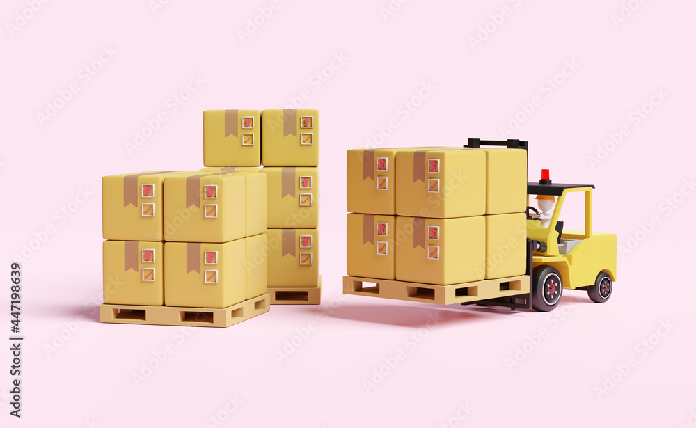 Stick man with forklift,goods cardboard box, pallet for import export  isolated on pink background,logistic service concept ,3d illustration or 3d  rendering Stock Illustration