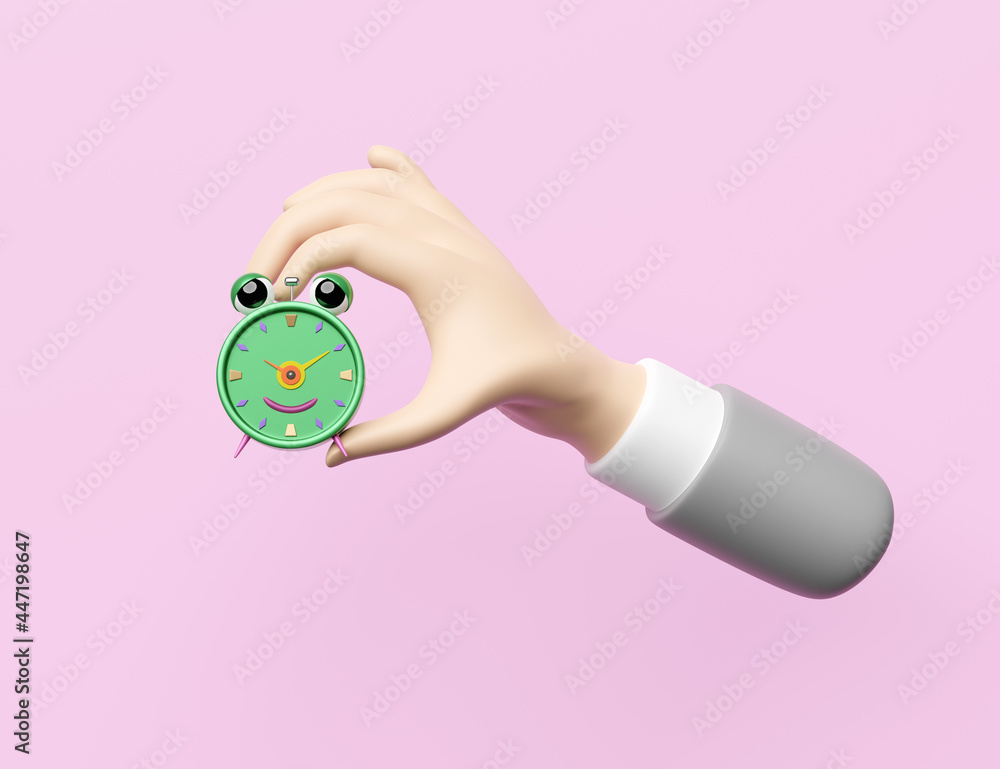 businessman hands holding cartoon character alarm clock wake-up time morning isolated on pink background.concept 3d illustration or 3d render businessman hands holding cartoon character alarm clock wake-up time morning isolated on pink background.concept 3d illustration or 3d render