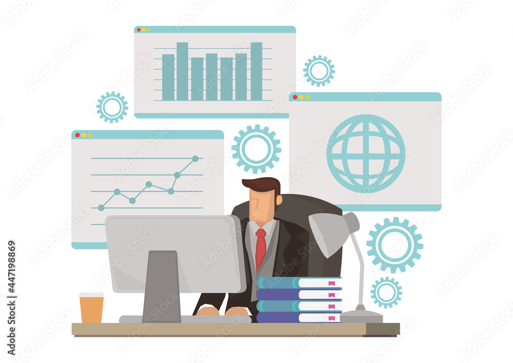 Businessman working on his computer with chart and diagram on his work desk. Businessman working on his computer with chart and diagram on his work desk.