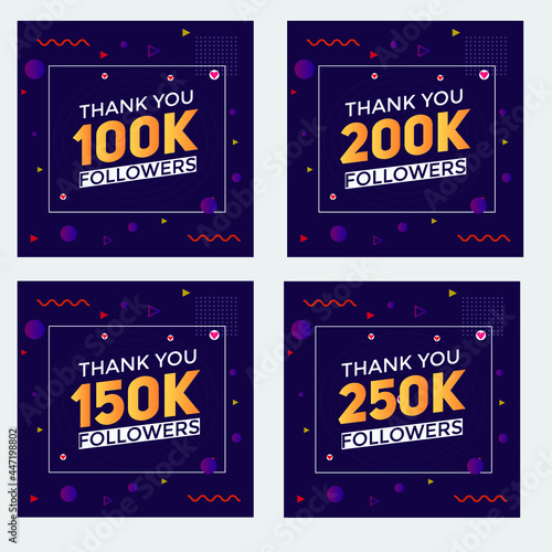 set of thank you followers colorful banner. Thank you followers Banners, 100k, 150k, 200k, 250k followers, social midea banner followers photo