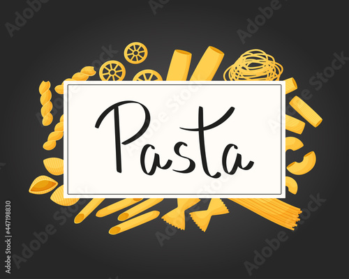 Pasta vector banners in cartoon style. Italian Cuisine. Isoilated on a dark background. Lettering
