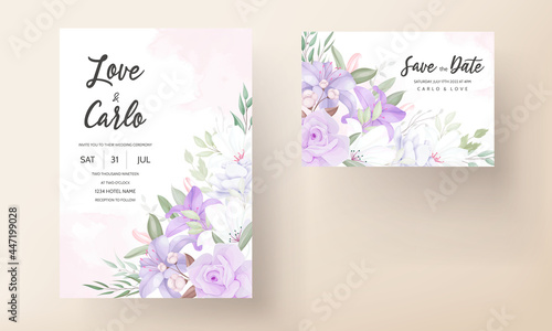 Hand drawn beautiful purple floral wedding invitation template