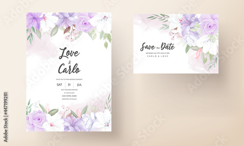 Hand drawn beautiful purple floral wedding invitation template