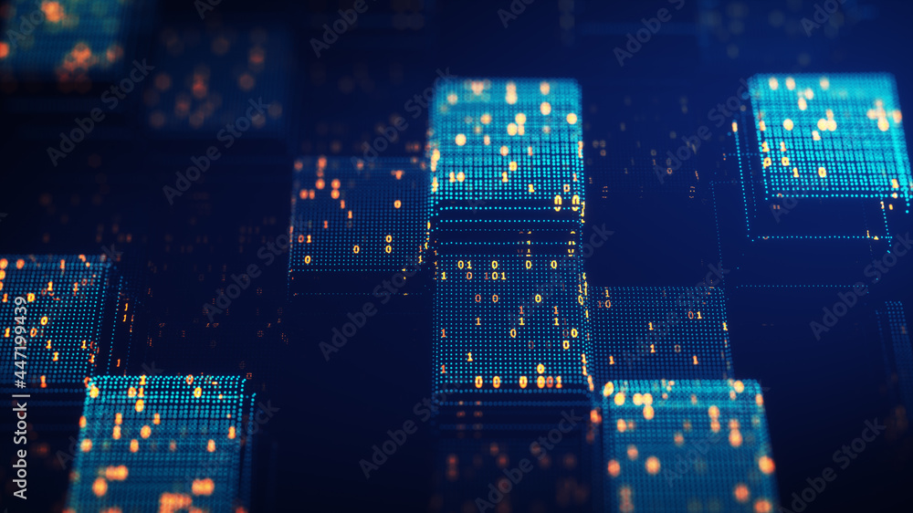  Block chain concept. Big data binary code futuristic information technology, data flow. Transferring of big data.  interconnected blocks of data depicting a cryptocurrency blockchain . 3D Rendering. - obrazy, fototapety, plakaty 