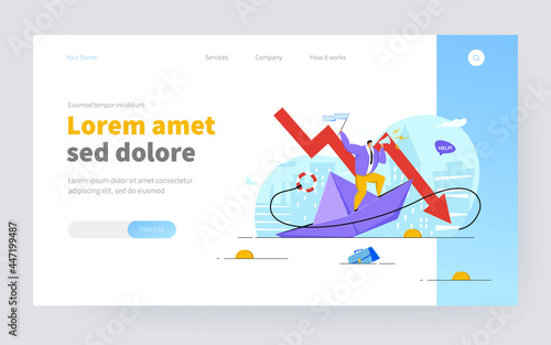 Bankrupt losing money and business. Businessman asking for help on sinking paper ship. Vector illustration for financial trouble, failure, crisis, recession, bankruptcy concept