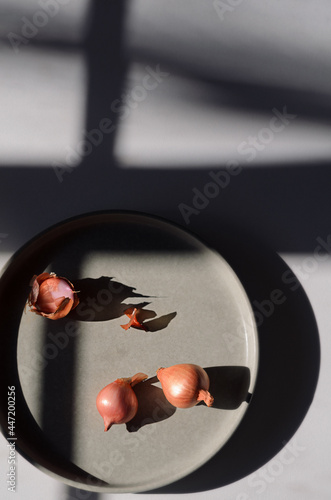Golden Shallots on a grey background.