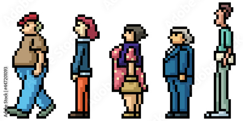 pixel art people waiting in line