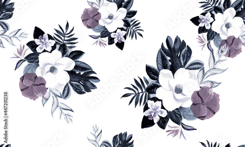 Navy Seamless Exotic. Blue Pattern Palm. Cobalt Tropical Textile. Gray Floral Illustration. White Flora Art. Indigo Watercolor Nature. Decoration Illustration.
