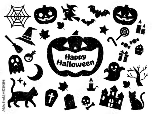 Fotografia ハロウィンの判子風アイコンセット(黒)　Halloween Icon Rubber Stamp Vector Art