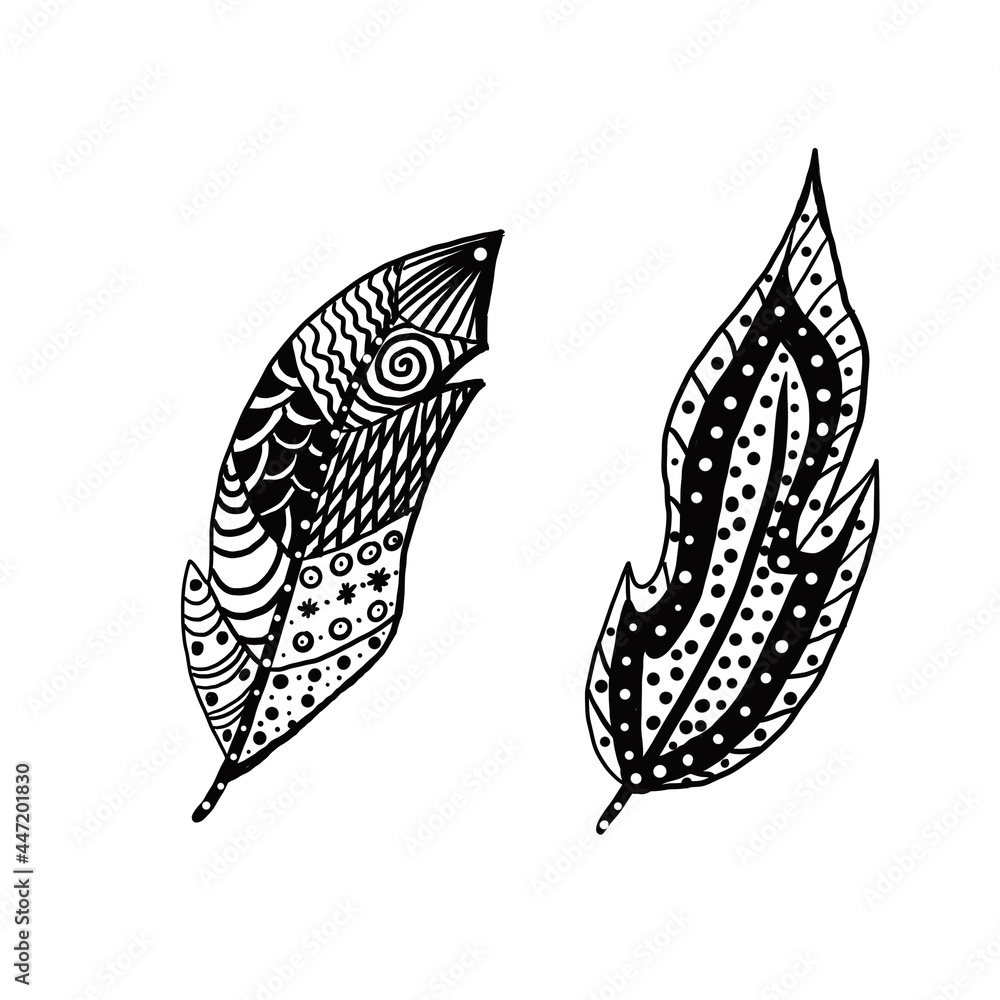 Feather set ethnic pattern doodle black colour illustration Feather set ethnic pattern doodle black colour illustration