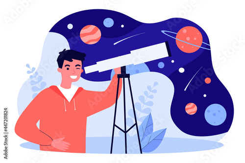 Young man looking at stars and planets through telescope. Boy using equipment for observing space flat vector illustration. Astronomy, education concept for banner, website design or landing web page