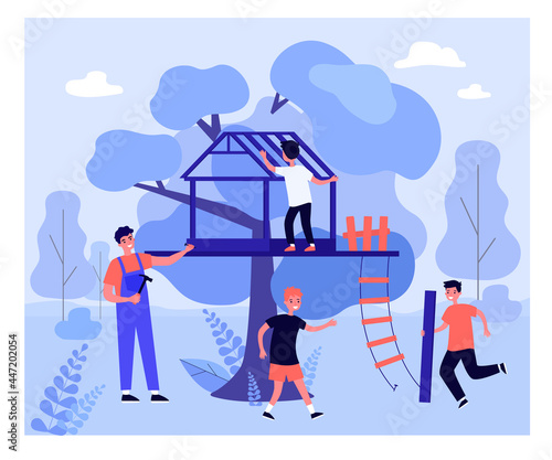 Father and kids building treehouse together. Man holding hammer and nail, son carrying wooden plank flat vector illustration. Family, outdoor activity concept for banner, website design, landing page