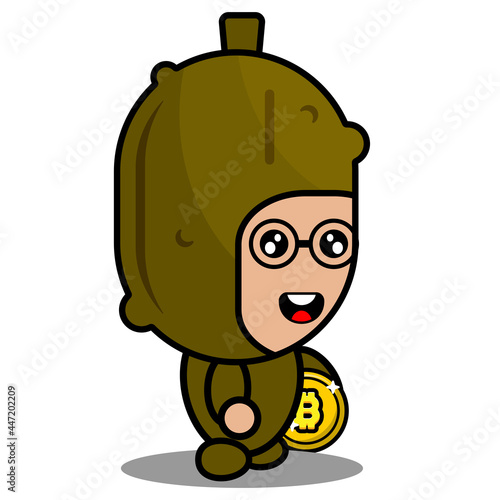 vector cartoon character mascot costume pickled vegetables wearing glasses and holding bitcoin