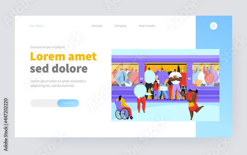 Disabled woman squeezing into overcrowded train. Crowd of people in metro flat vector illustration. Overpopulation, rush hour, public transport concept for banner, website design or landing web page