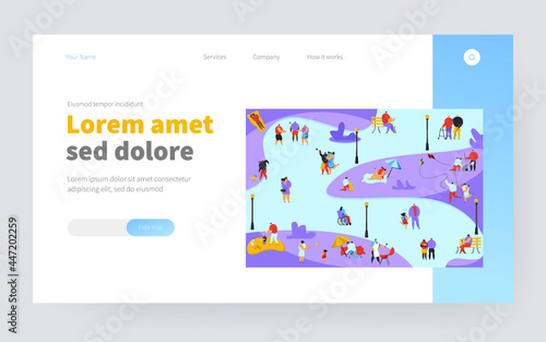 Crowd of various people walking in park flat vector illustration. Cartoon characters relaxing, doing exercise and cooking BBQ on picnic. Summer activity and leisure concept