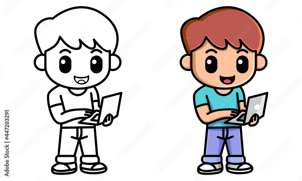 boy working on laptop coloring page for kids