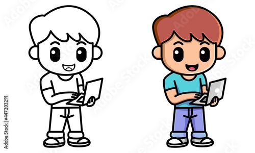 boy working on laptop coloring page for kids