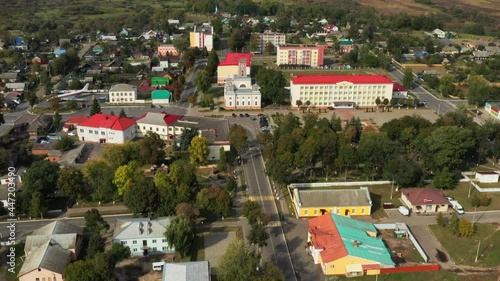 Chachersk, Gomel Region, Belarus. Aerial View Of Skyline Cityscape. Old City Hall. Town Hall. Historical Heritage In Bird's-eye View photo