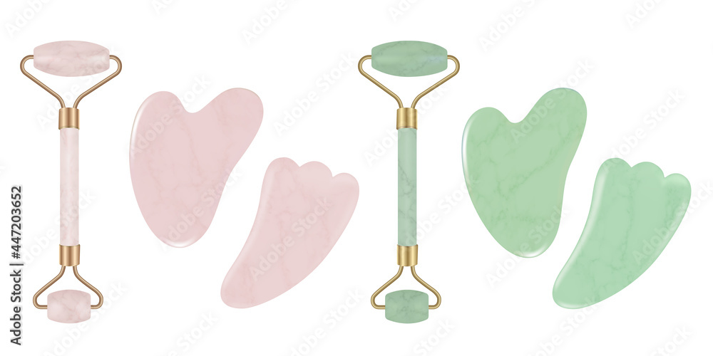 Hilitand Jade Roller for Face and Gua Sha Massage. Natural pink rose and green quartz stone roller and Scraping Plate Kit. Anti-Aging Beauty Skincare Tool. Vector illustration. - obrazy, fototapety, plakaty 