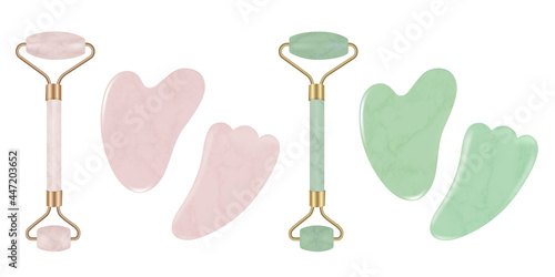 Fototapeta Naklejka Na Ścianę i Meble -  Hilitand Jade Roller for Face and Gua Sha Massage. Natural pink rose and green quartz stone roller and Scraping Plate Kit. Anti-Aging Beauty Skincare Tool. Vector illustration.