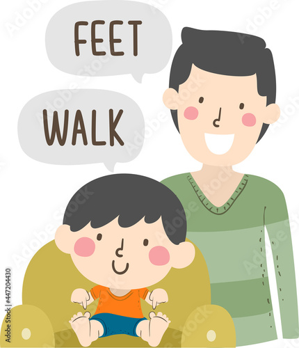 Kid Boy Dad Teach Body Part Feet Walk Illustration
