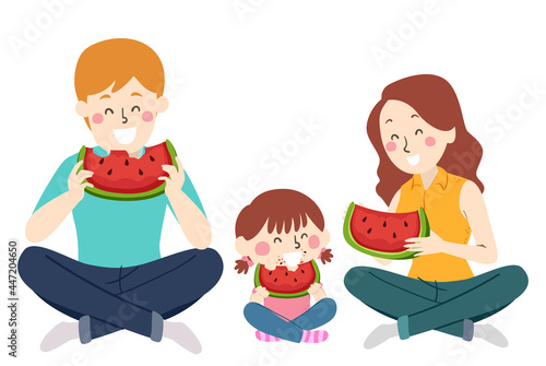 Girl Parents Family Eat Wat...