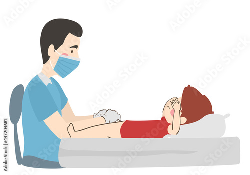 Illustration of Kid Boy Lying in Hospital Bed with His Doctor Performing Circumcision photo