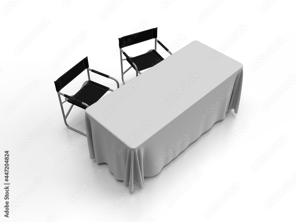 3d render of two aluminum folding directors chairs and a trestle table with a white table cloth mockup from a top perspective view isolated on a white background for illustrations and mockups. 3d render of two aluminum folding directors chairs and a trestle table with a white table cloth mockup from a top perspective view isolated on a white background for illustrations and mockups.