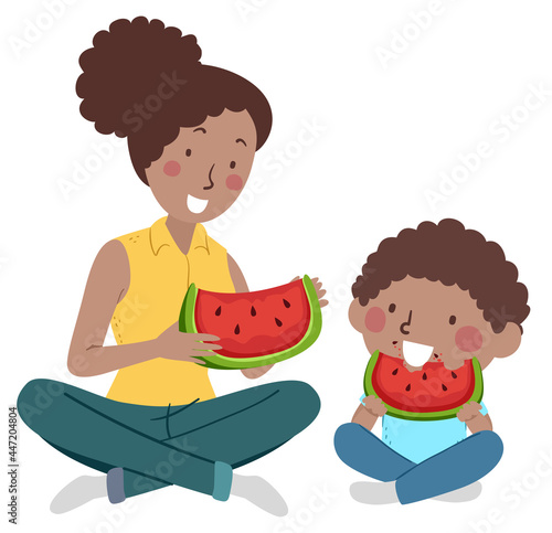 Kid Boy Mom Eat Watermelon ...