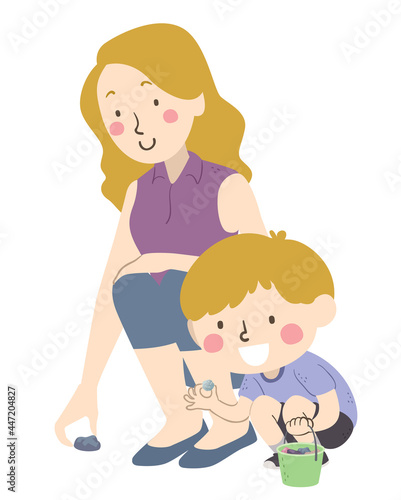 Kid Boy Mom Picking Cool Rocks Illustration