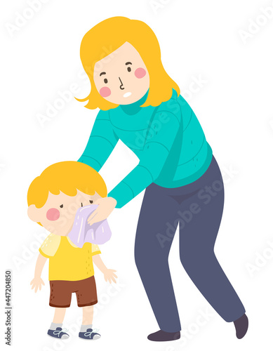 Kid Boy Mom Wipe Nose Mouth Illustration