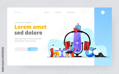 Happy tiny people sitting and listening radio podcast isolated flat vector illustration. Cartoon man and woman with headsets talking on interview. sound technology and online broadcasting concept