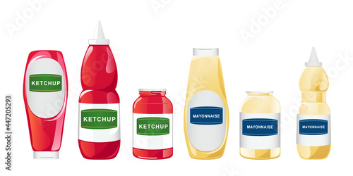 Ketchup and mayonnaise in the bottles with label set. Vector illustration in flat cartoon style.