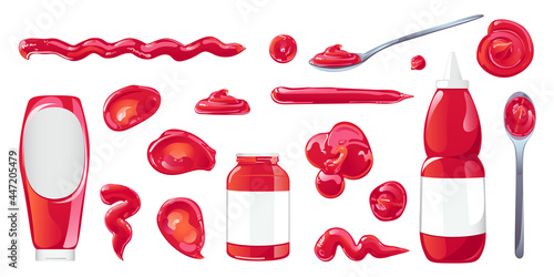 Tomato ketchup stains, splashes, blobs, spoon, jars and bottles set. Red spicy condiment design element in flat cartoon shiny style. Vector illustration