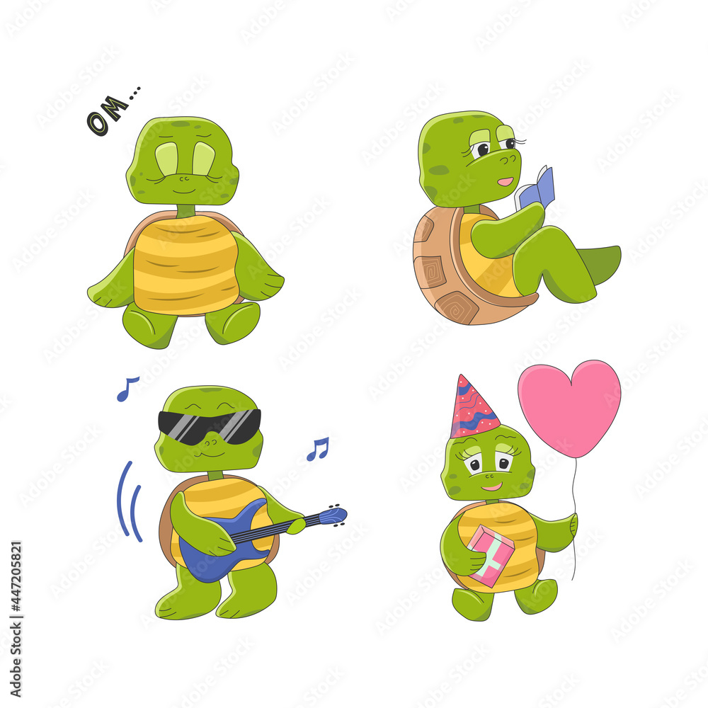 Obraz premium Set of cute turtle characters. Funny animal meditates, plays the electric guitar, reads a book. Happy birthday greeting card. Vector illustration in cartoon style