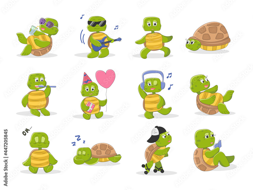 Obraz premium Set of cute turtle characters. Funny animal resting and having fun, doing sports, meditating.Vector illustration in cartoon style