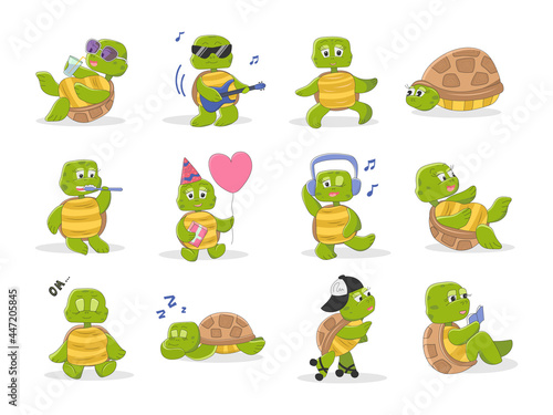 Set of cute turtle characters. Funny animal resting and having fun, doing sports, meditating.Vector illustration in cartoon style