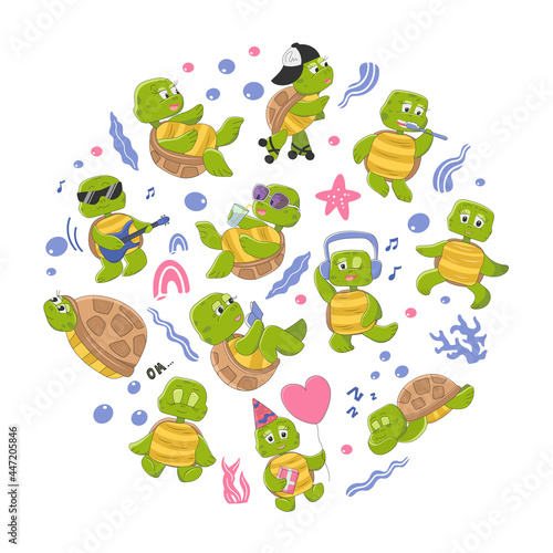 Cute turtle characters set, seaweed and starfish. The funny animal is resting and having fun, playing sports, meditating. Vector illustration in cartoon style