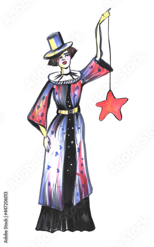 drawing cartoon children's style mystical sorceress astrologer woman in a hat with a star in her hands on a white background