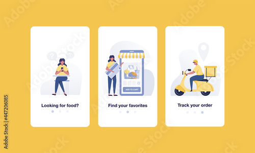 Order online food onboarding mobile app screens, banner template design. vector illustration