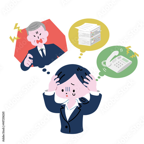 仕事の事を考えて、青ざめ頭を抱えるスーツの女性A