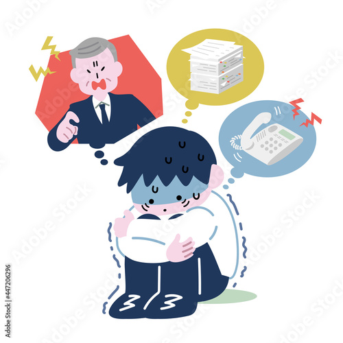 仕事の事を考えて、青ざめ震えるスーツの男性A