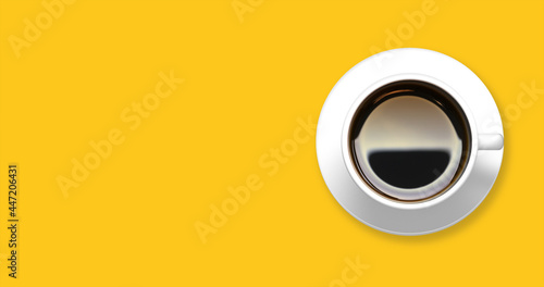 3D Illustration a cup of Black Coffee with isolated yellow background. Flat Lay Image.