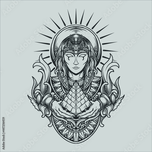 tattoo and t shirt design black and white hand drawn egyptian goddess engraving ornament