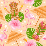 Tropical summer on paradise beach. Seamless pattern with Tiki mask, monstera leaves, pink flamingo, hibiscus. For wallpapers, web page backgrounds, surface textures, fabrics. Vector illustration.
