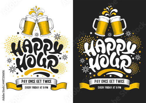 Happy Hour. Poster template with unusual hand drawn calligraphy lettering for catering establishments advertisement. Vector illustration.