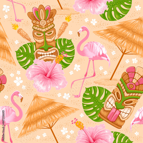 Tropical summer on paradise beach. Seamless pattern with Tiki mask, monstera leaves, pink flamingo, hibiscus. For wallpapers, web page backgrounds, surface textures, fabrics. Vector illustration.